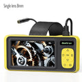 Yellow and black handheld endoscope with 4.3-inch screen, 8mm single lens, and long inspection cable.