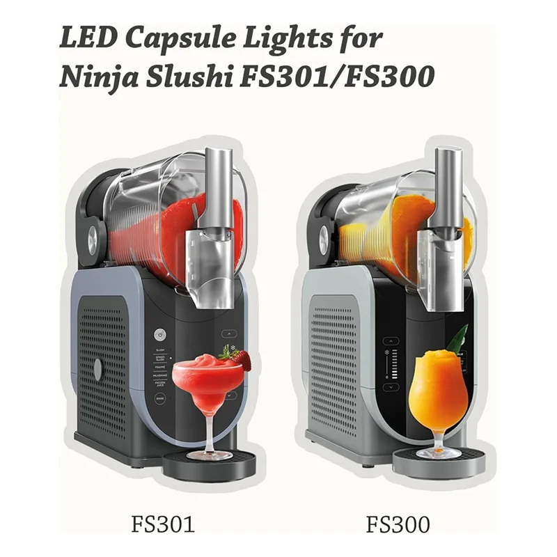 Two slushie machines shown with illuminated, capsule-shaped LED lighting modules glowing in red and orange.