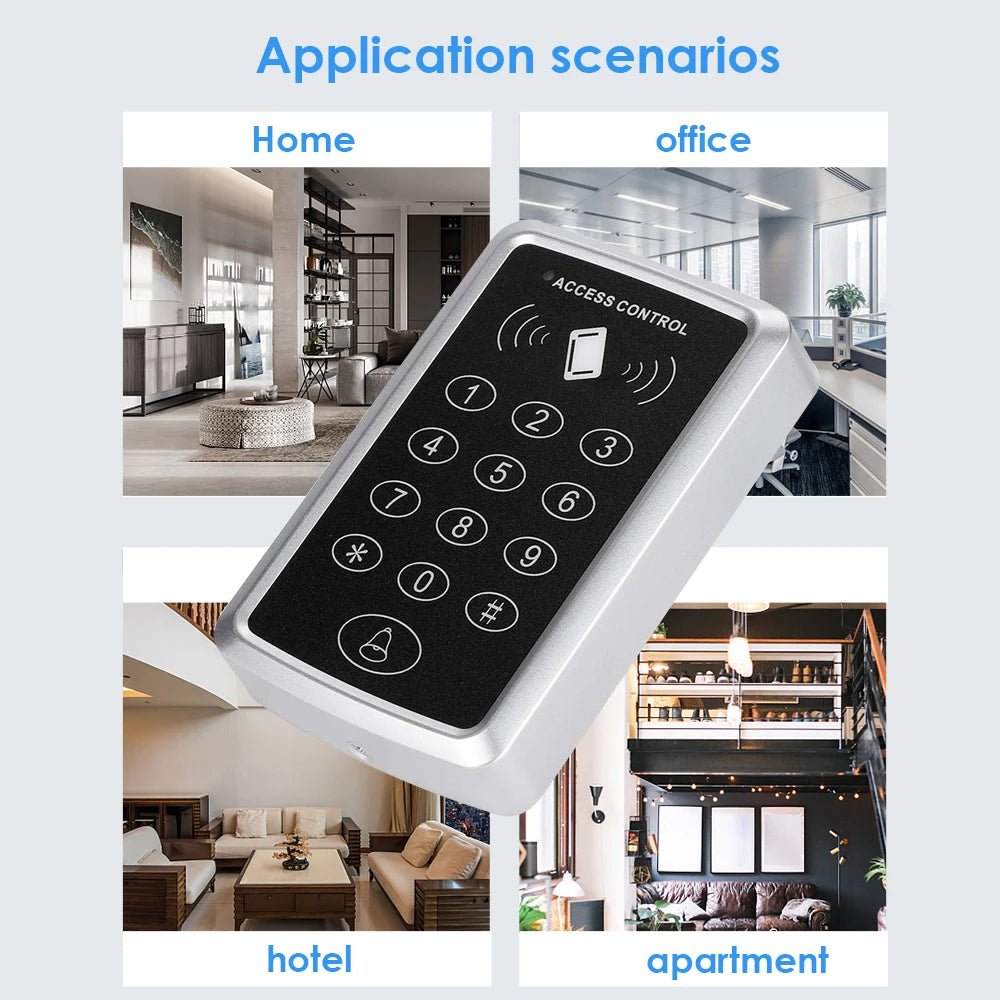 Silver plastic access control keypad with a black touch panel, number buttons, and RFID card reader icon.