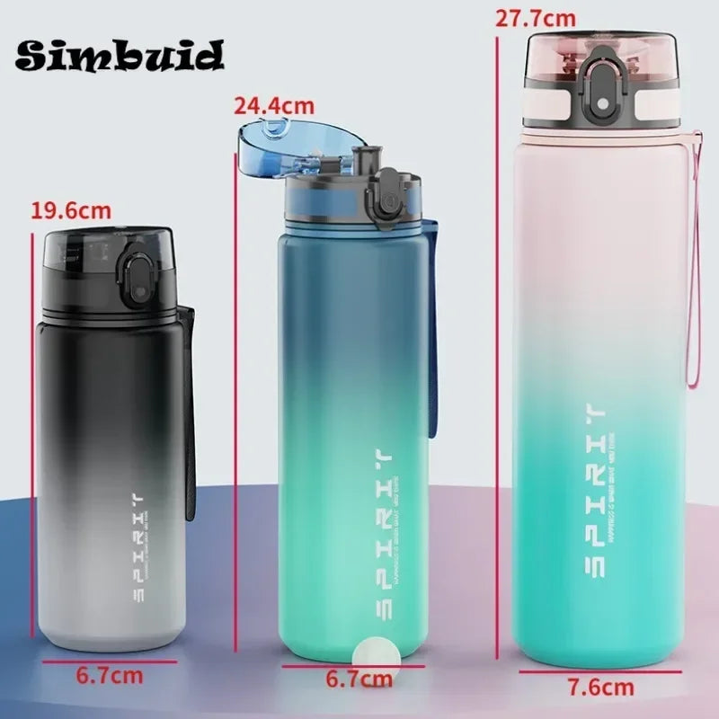 Three gradient-coloured water bottles with lids and "Spirit" branding, shown with height and width measurements.