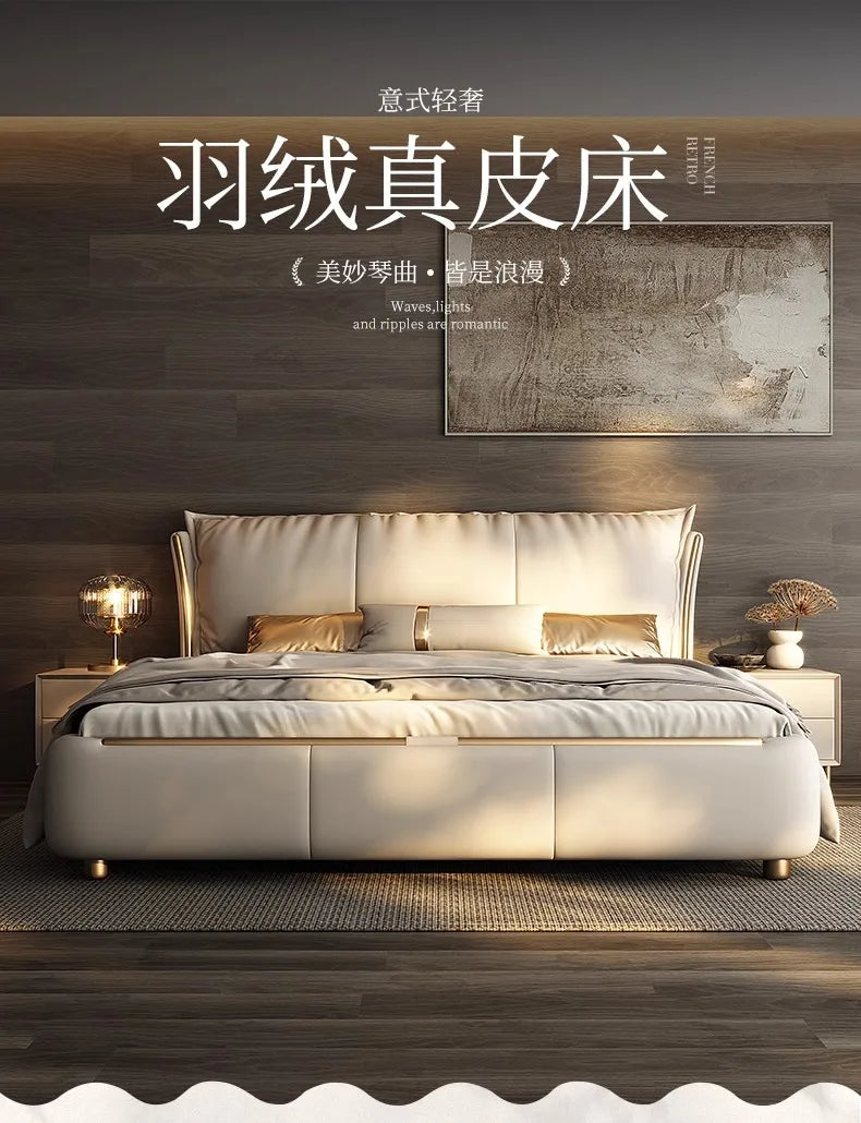 Modern beige double bed frame with a plush, upholstered headboard and sleek gold trim detailing.
