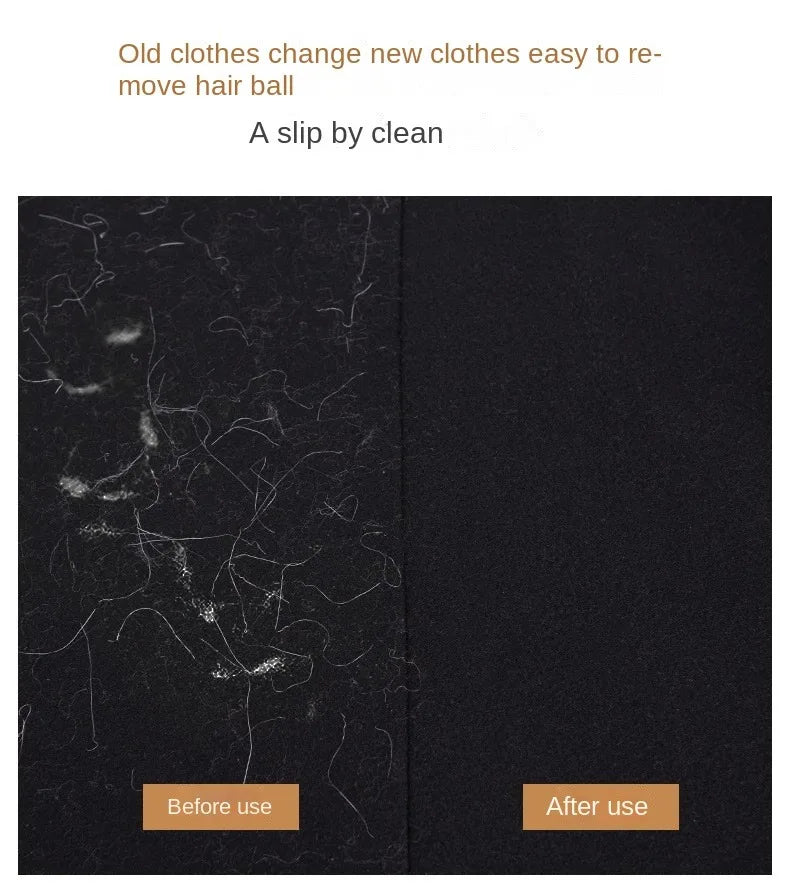 Split-screen view showing black fabric covered in lint before and cleaned after using a lint remover.