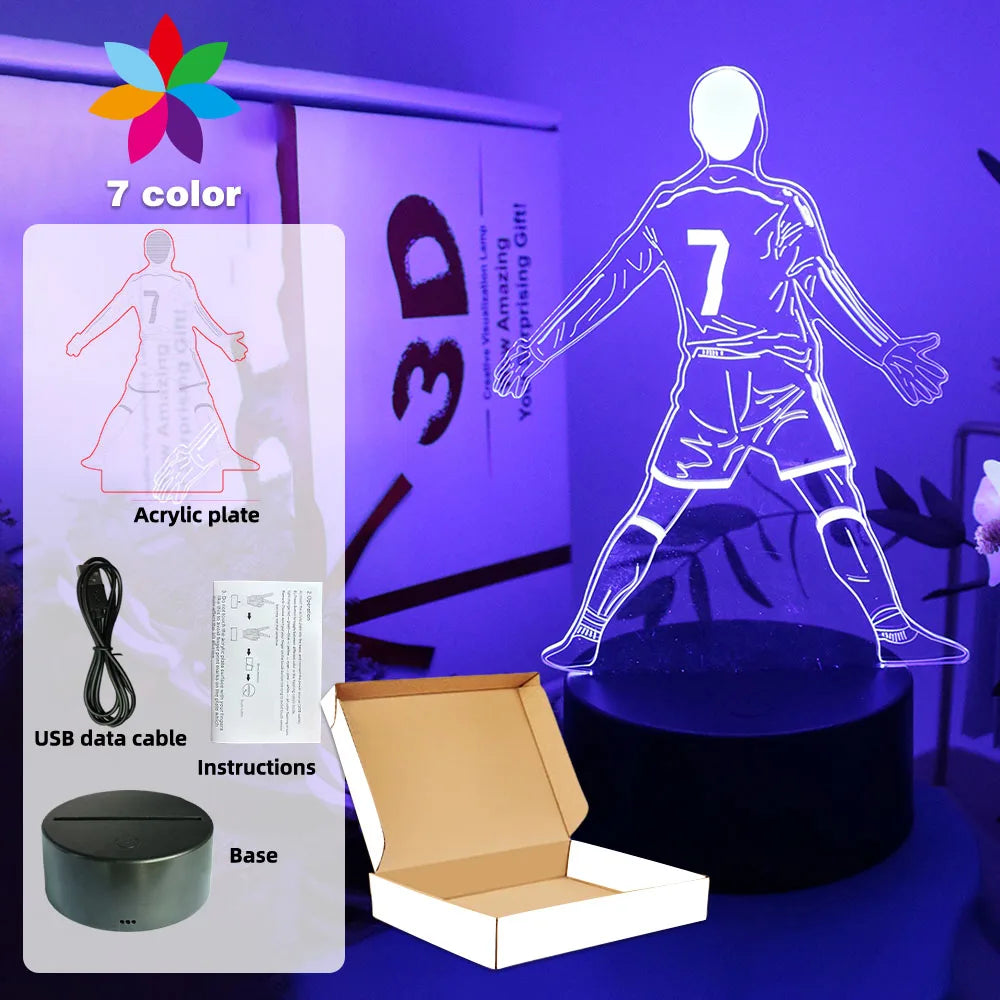 3D football player lamp with 7-colour LED, acrylic plate, black base, USB cable, instructions, and gift box.