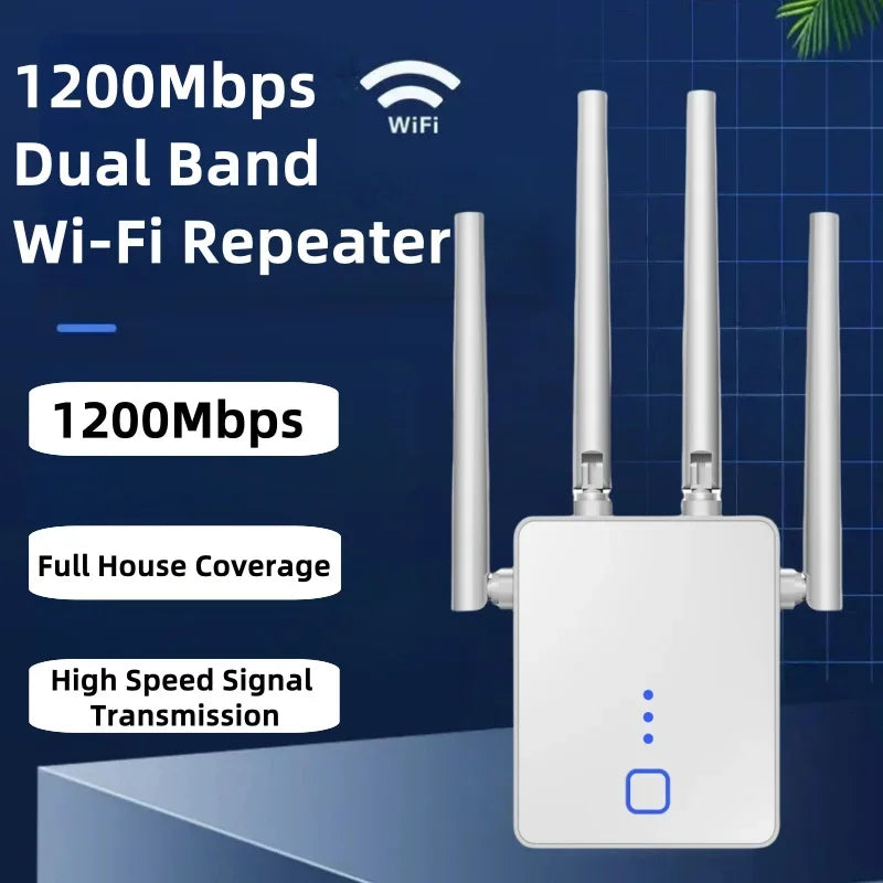White 1200Mbps dual-band Wi-Fi signal repeater with four external antennas and LED status lights.