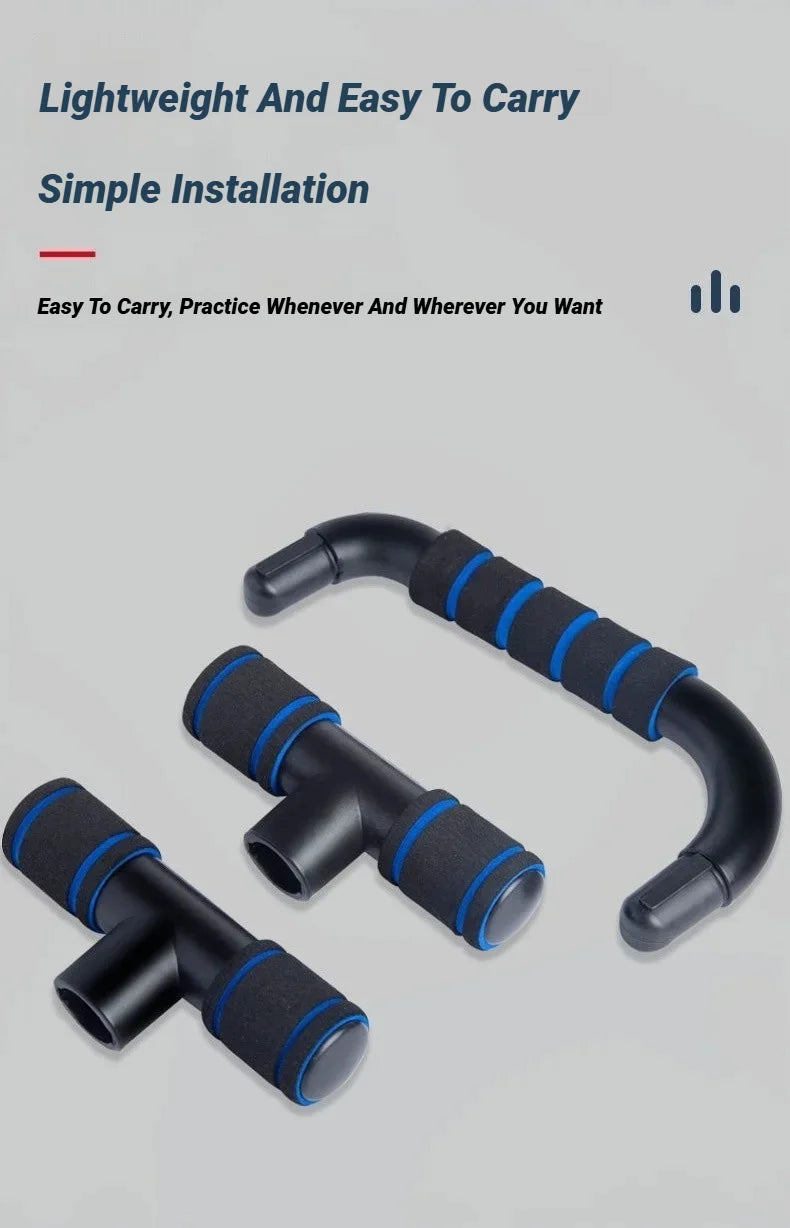 Detachable black and blue foam-grip push-up bar components arranged on a light grey background.