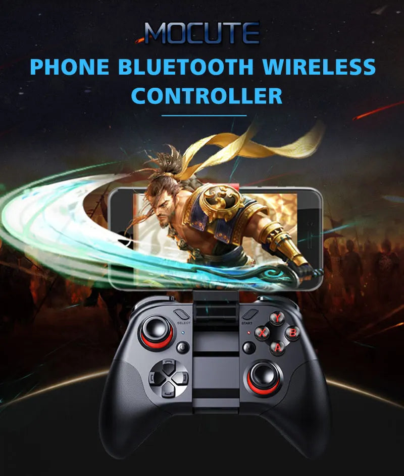 Black wireless mobile game controller with analog sticks, buttons, and an integrated phone mount.