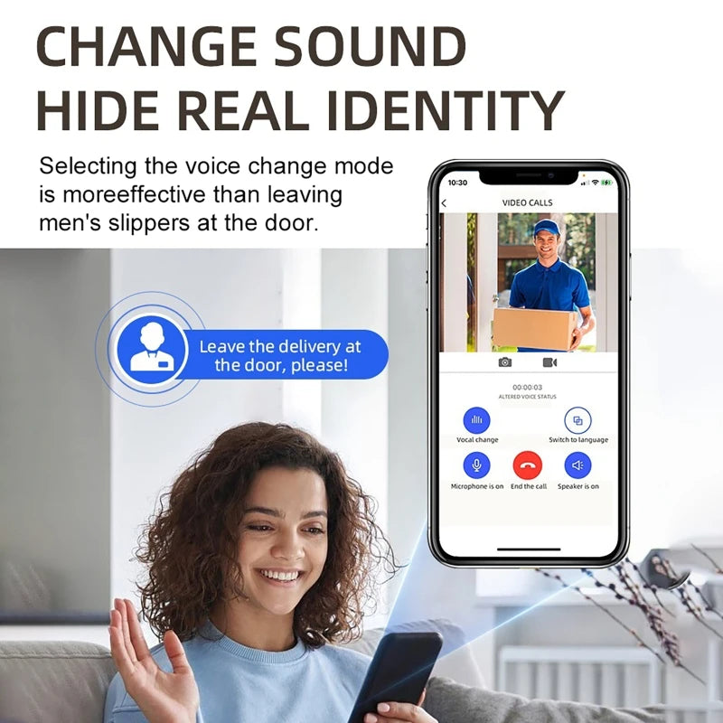 Woman using a smartphone app with a smart video doorbell, showing a live camera feed with voice-changing controls.