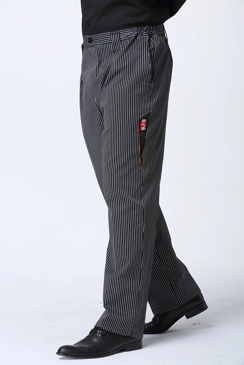 Professional black and white pinstripe chef trousers with a straight-leg fit and side pocket detail.