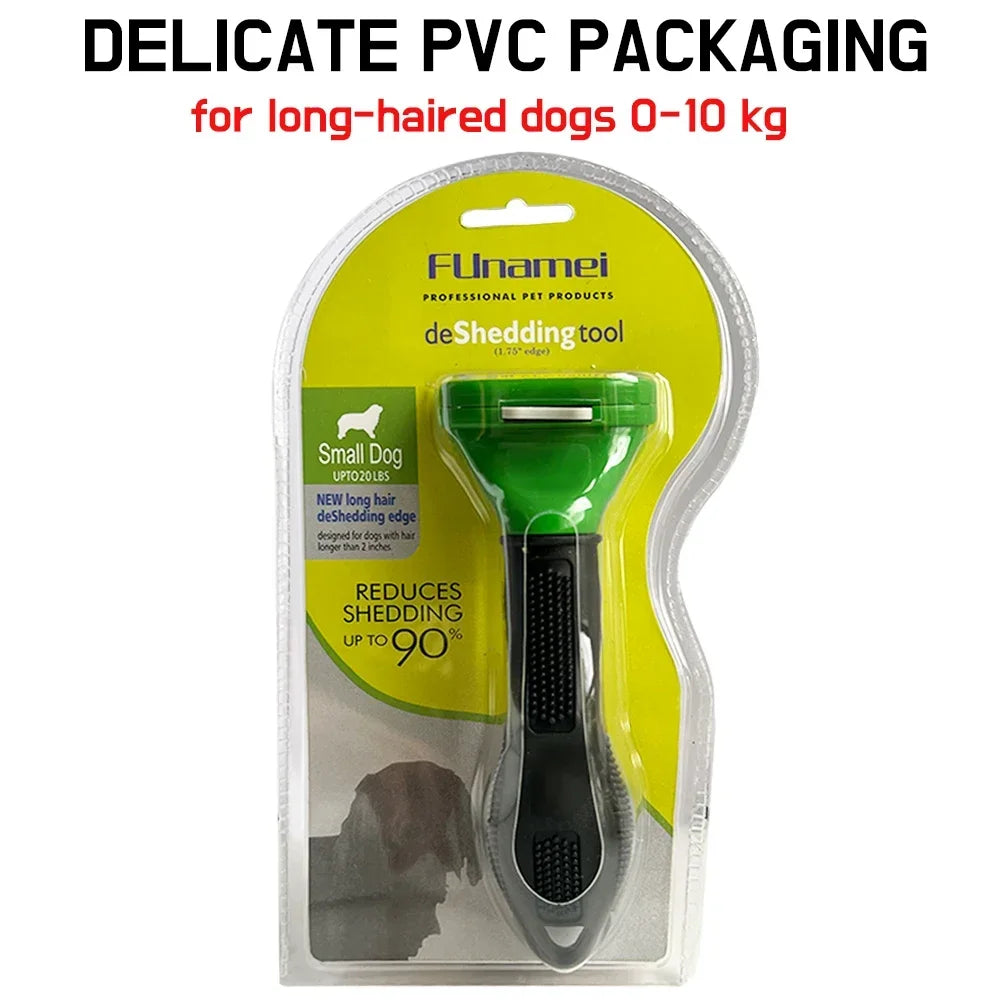 Green and black Funamei deShedding tool for small, long-haired dogs, in clear PVC retail packaging.