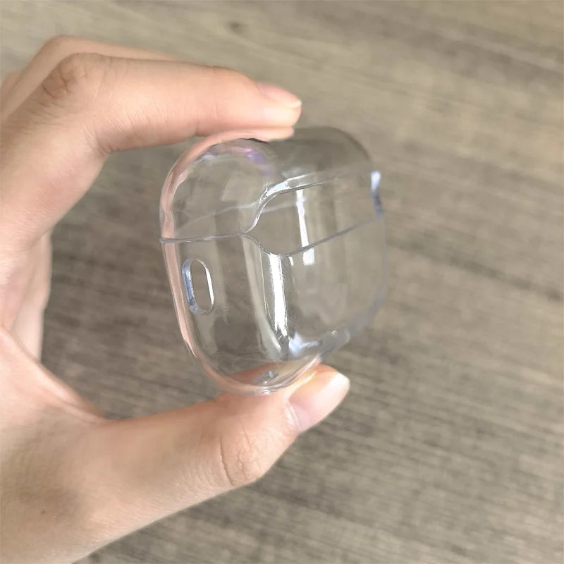 Clear protective case for AirPods Pro held in hand. Transparent, slim-fit design.