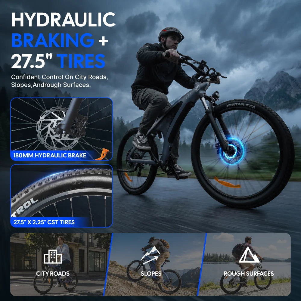 HUANCI Q5 dark gray electric mountain bike with 27.5-inch tires and hydraulic disc brakes, ridden on a paved road.