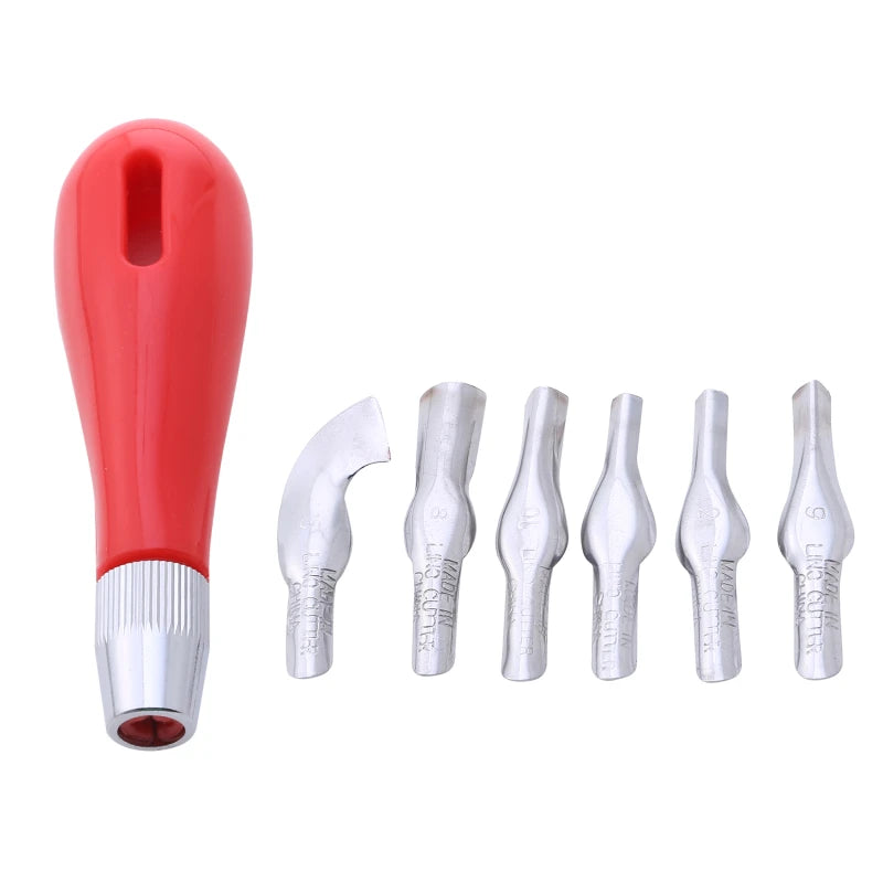 Lino cutter tool set with a red ergonomic handle and six interchangeable metal blades for block printing.