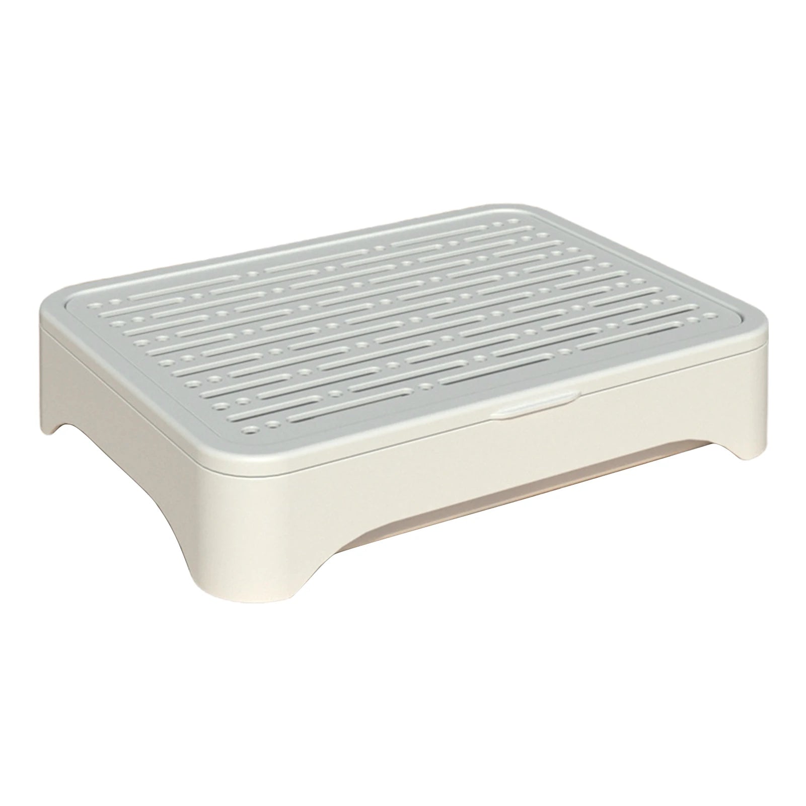 A white, rectangular soilless cat grass planting tray with a slotted top and raised feet on a white background.