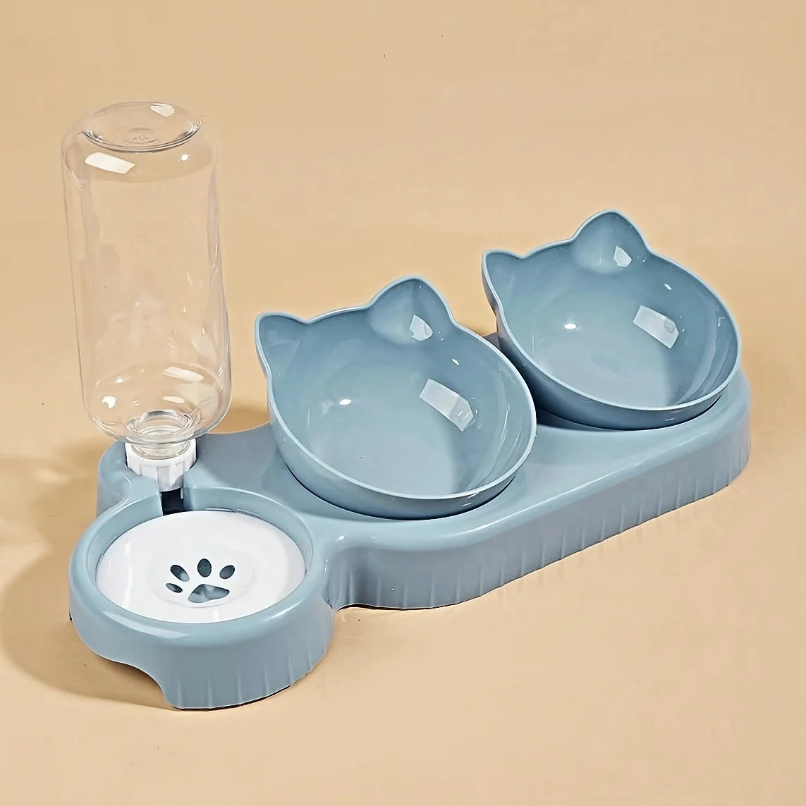 Blue 3-in-1 pet feeding station with two cat-shaped bowls, a white paw-print water tray and clear gravity bottle.