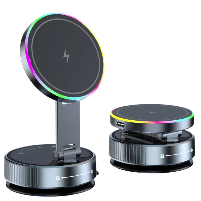 Collapsible magnetic wireless charger in metallic grey with a circular, color-changing RGB LED edge light.