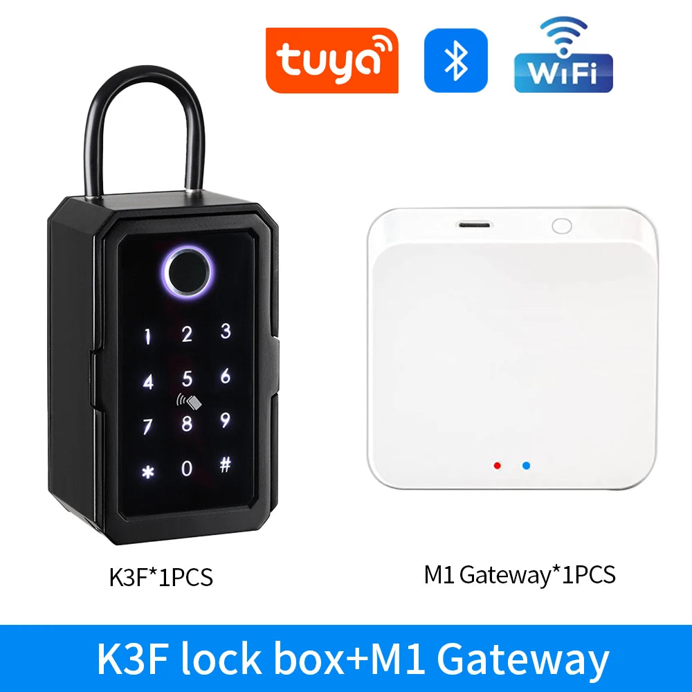 Black smart metal key lock box with digital keypad and fingerprint reader, plus a white WiFi Bluetooth gateway.