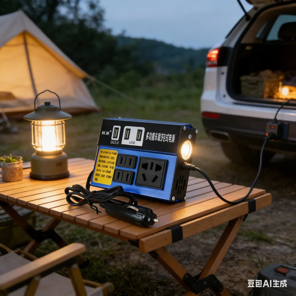 Blue 2000W car power inverter with multiple AC sockets and USB ports on a wooden camping table at dusk.