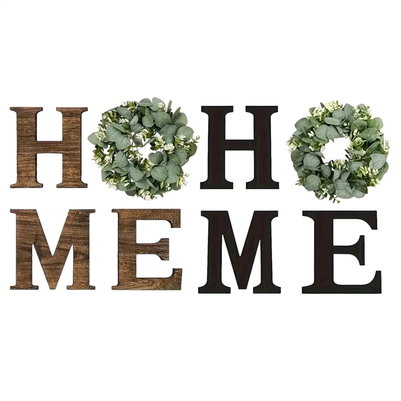 Rustic wooden wall letters spelling "HOME", with two artificial eucalyptus wreaths replacing the 'O's.