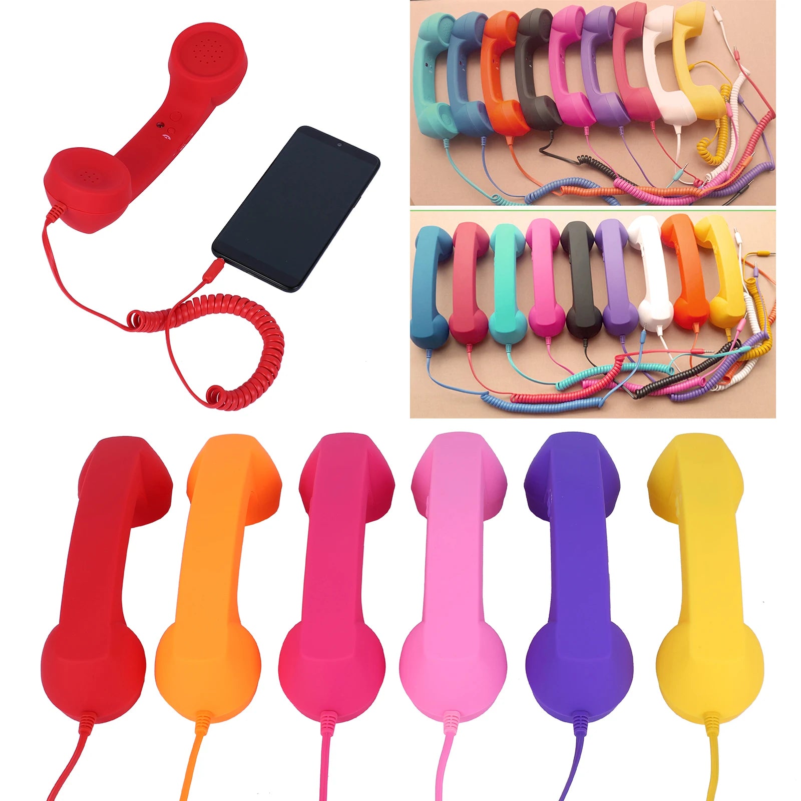 Retro-style handset for mobile phones with a coiled cord, available in a variety of vibrant colours.