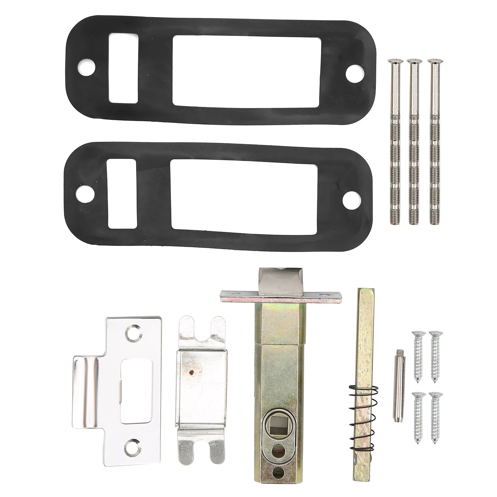Door lock installation kit with two black rubber gaskets, metal latch assembly, strike plate, spindle, and screws.