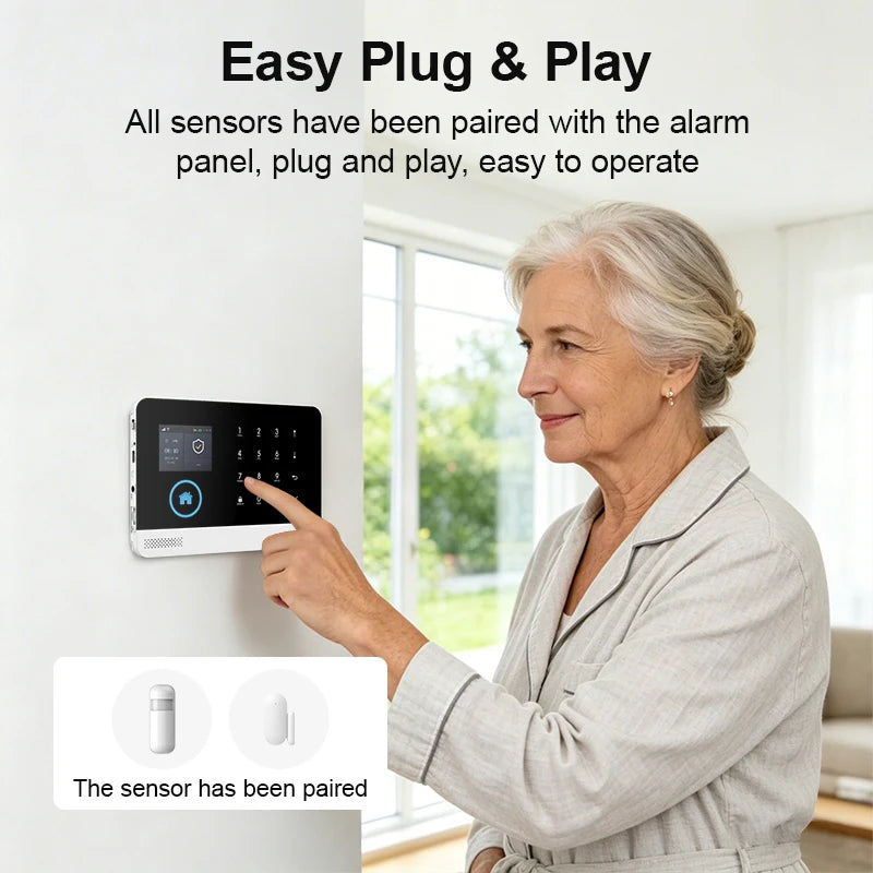 A woman touches a slim, black and white wall-mounted smart alarm control panel with a digital keypad.