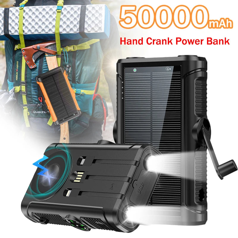 Rugged black solar power bank with hand crank, LED torches, wireless charging, and hiking-friendly outdoor design.