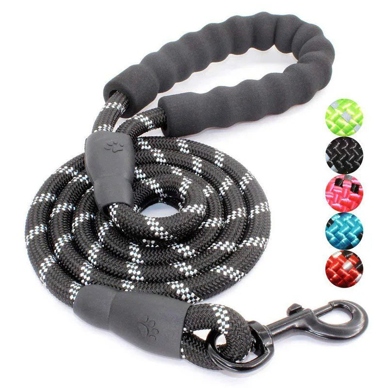 Black reflective rope dog leash with a padded foam handle, heavy-duty clasp and multiple colour options shown.