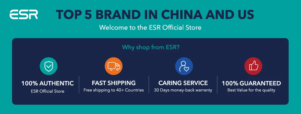 ESR official store promotional banner highlighting authentic products, fast shipping, and customer guarantees.