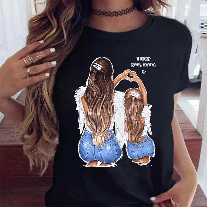 Black T-shirt featuring a graphic print of a mother and daughter making a heart shape with their hands.