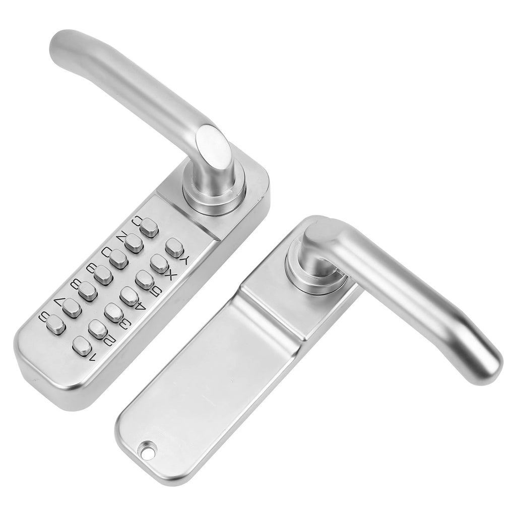 Silver metal digital combination door handle lock with keypad and lever handle.