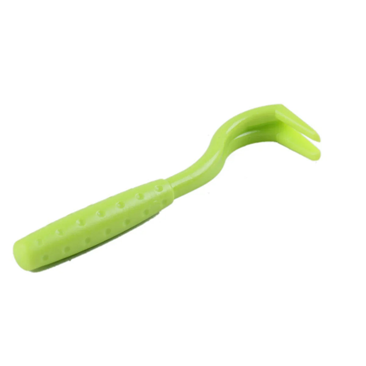 A bright green plastic hoof pick with a textured, non-slip handle.