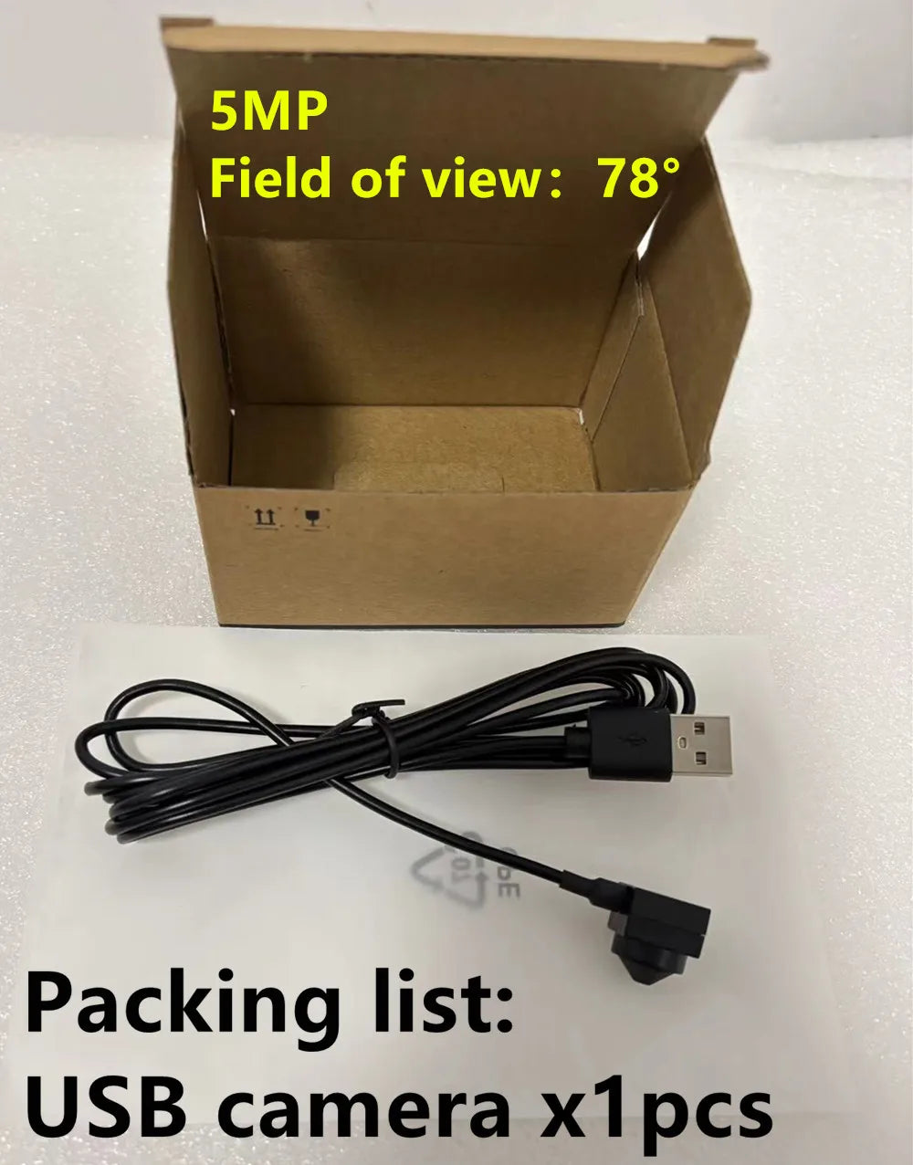 A 5MP USB camera with a 78-degree field of view, including a black cable, in a cardboard shipping box.