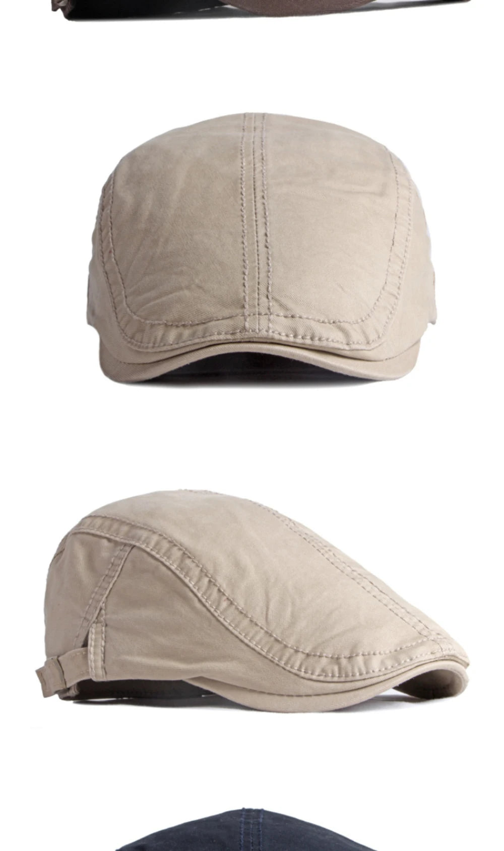 Front and side views of a beige cotton flat cap with stitched panel detailing.