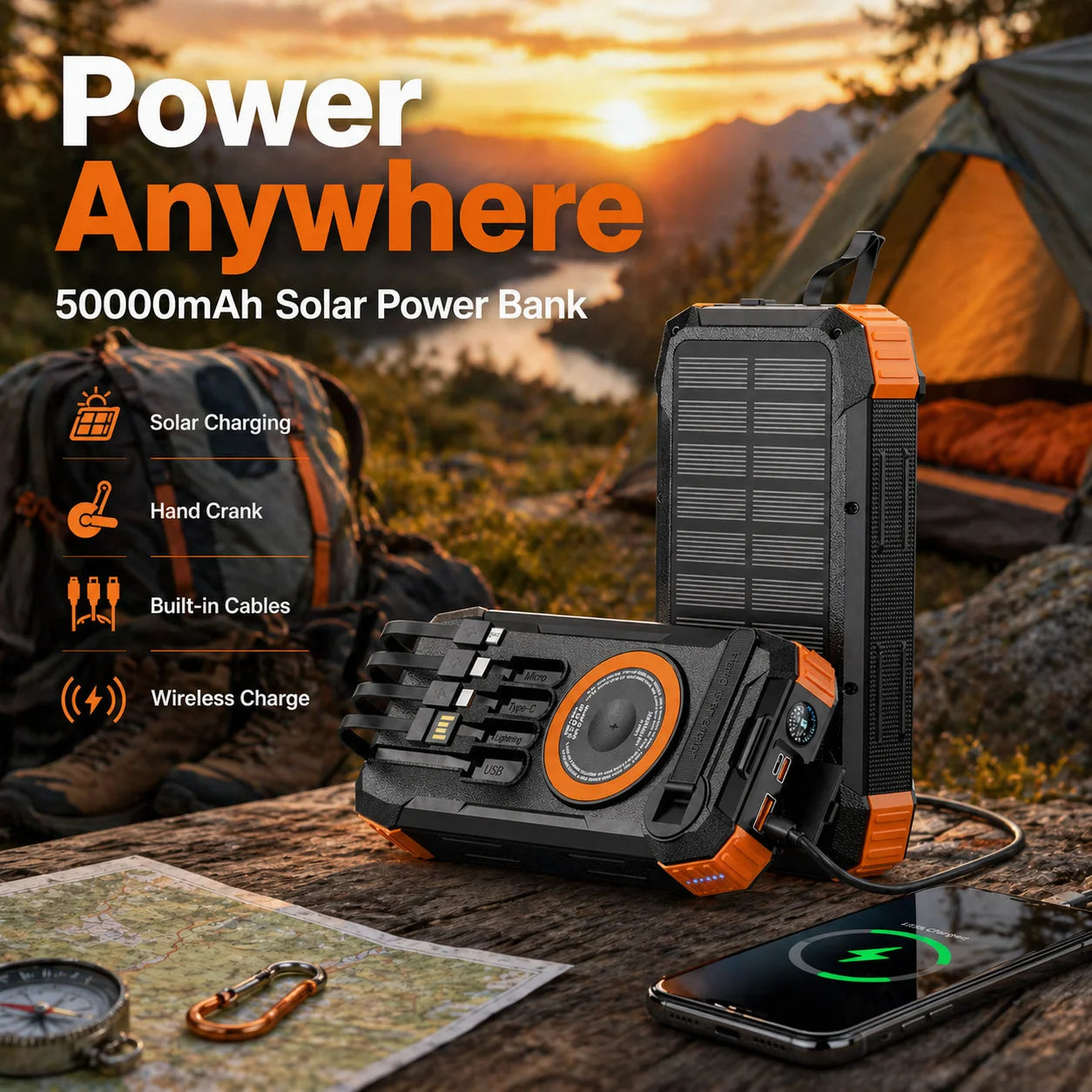 Rugged black and orange solar power bank with built-in cables, wireless charging, and hand crank for outdoor use.