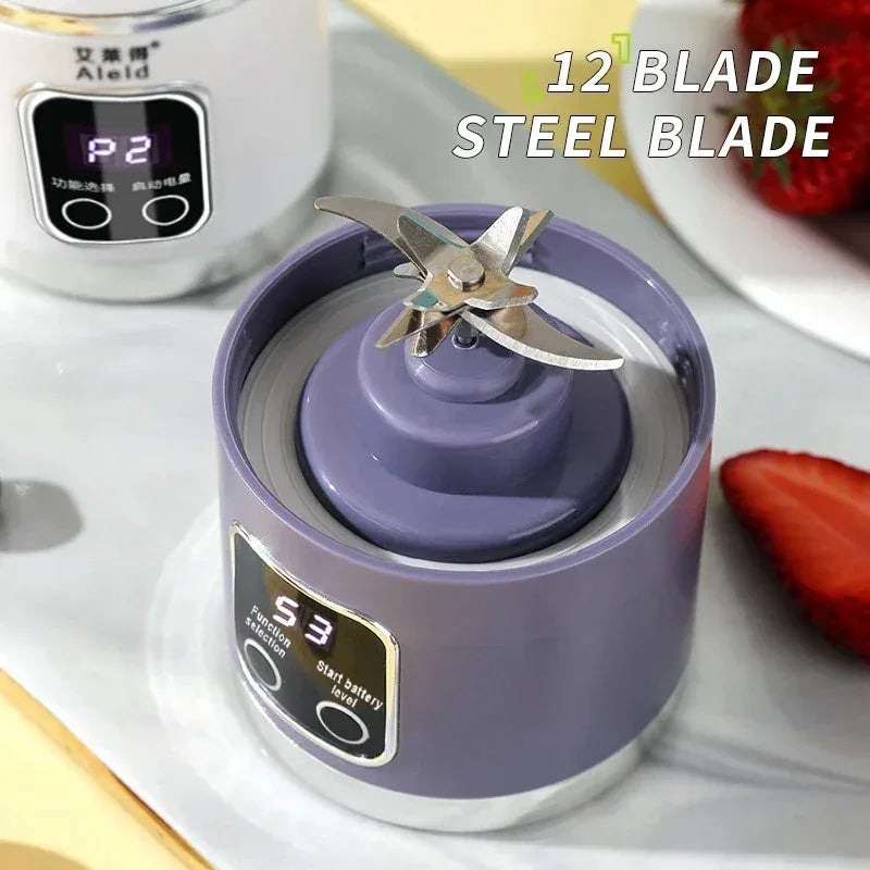 Purple portable blender base with a 12-blade steel attachment and digital display screen for settings.