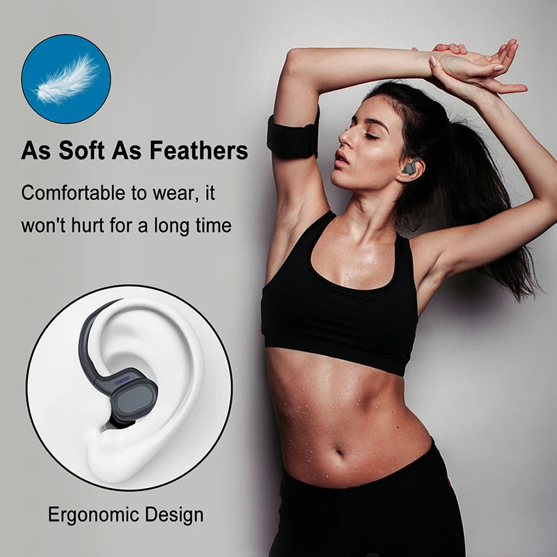 Black ergonomic, feather-light wireless ear hook earbuds worn by a fit woman in athletic gear.