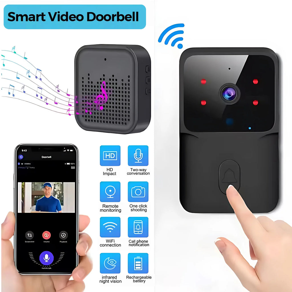 Black smart video doorbell with speaker, night vision, and mobile app connectivity for two-way audio and monitoring.