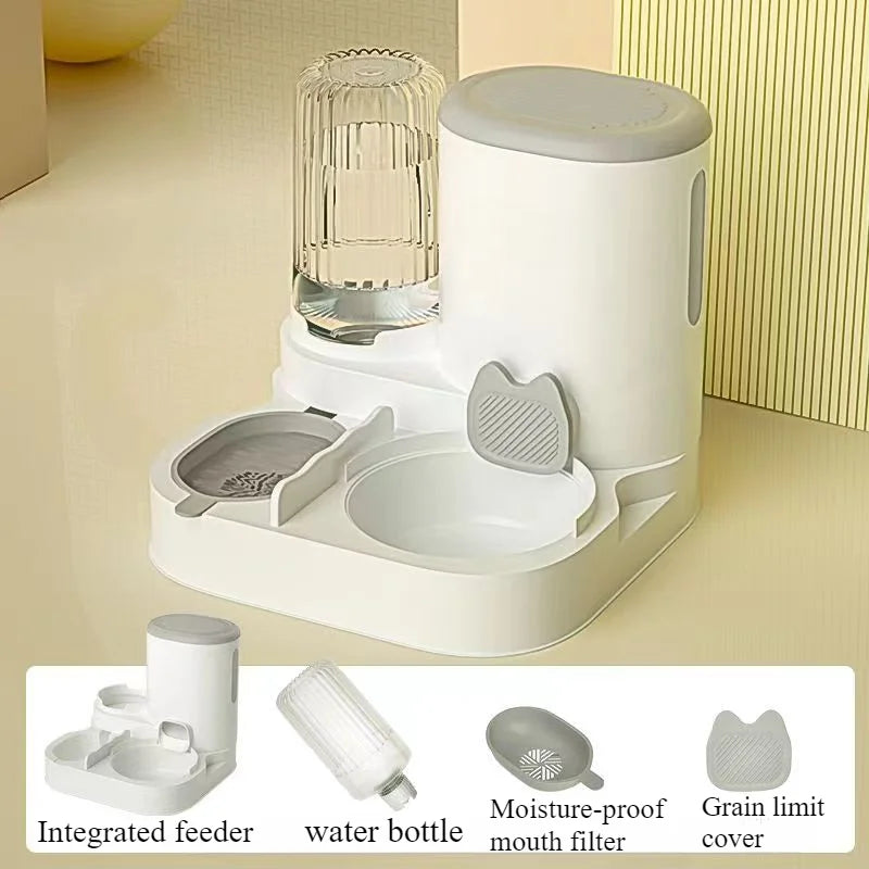 Minimalist white and grey automatic pet feeder with an integrated water bottle and two separate feeding bowls.