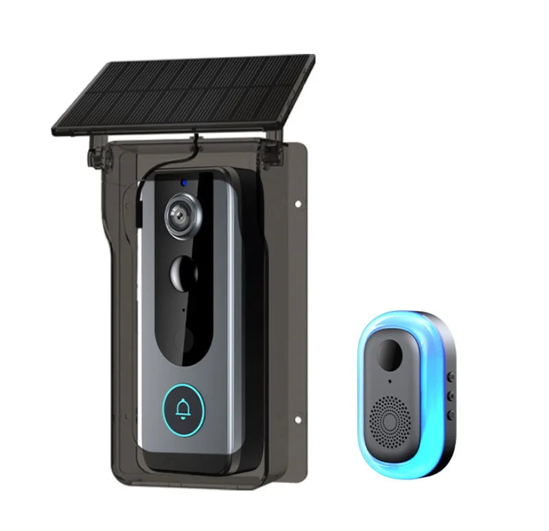 Wireless video doorbell in a protective cover with a solar panel, plus a matching LED chime unit.
