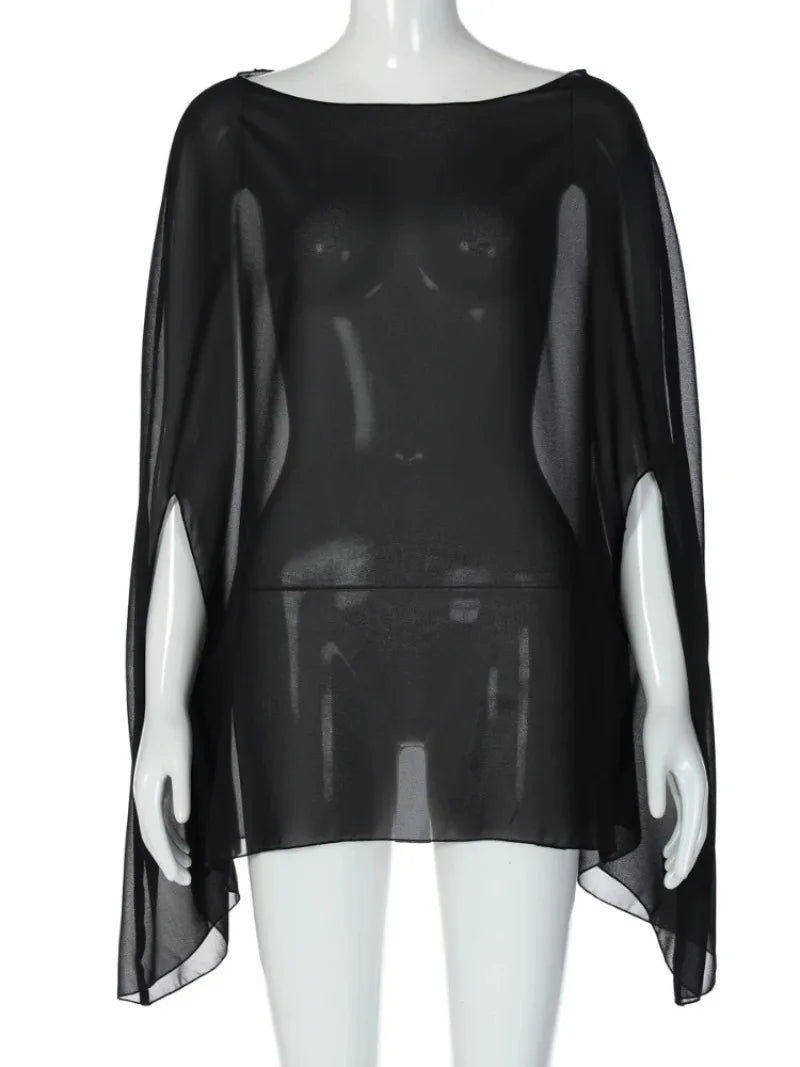 Sheer black chiffon cape-style cover-up with a boat neckline and split-sleeve design on a mannequin.