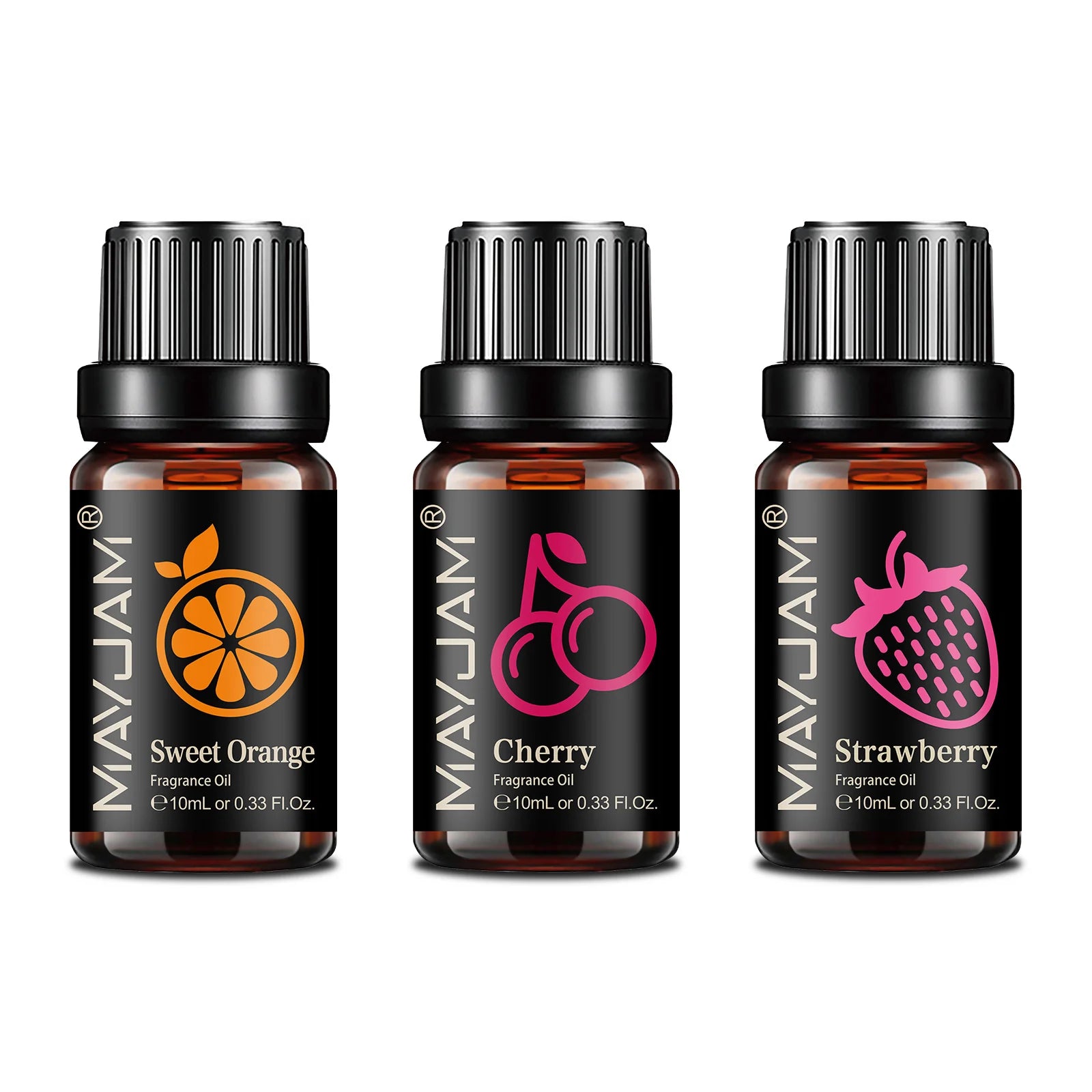 Three 10ml amber glass fragrance oil bottles with black caps, labelled Sweet Orange, Cherry, and Strawberry.