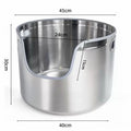 Silver stainless steel round cat litter box with low entry cutout and dimensions labeled.