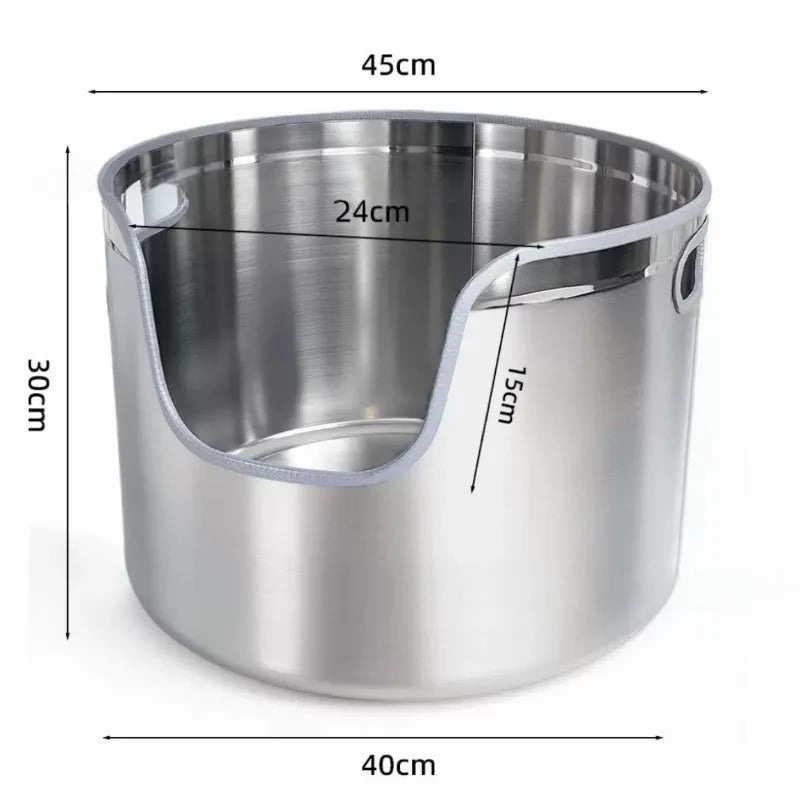 Silver stainless steel round cat litter box with low entry cutout and dimensions labeled.