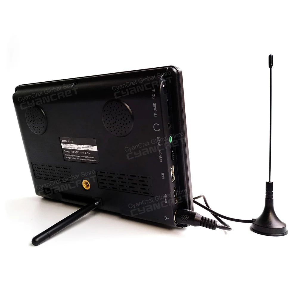 Black Leadstar 7-inch portable TV showing the back panel, dual speakers, kickstand, side ports, and attached antenna.