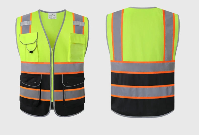 Hi-vis yellow and black workwear utility vest with front pockets, zip fastening, and reflective orange stripes.