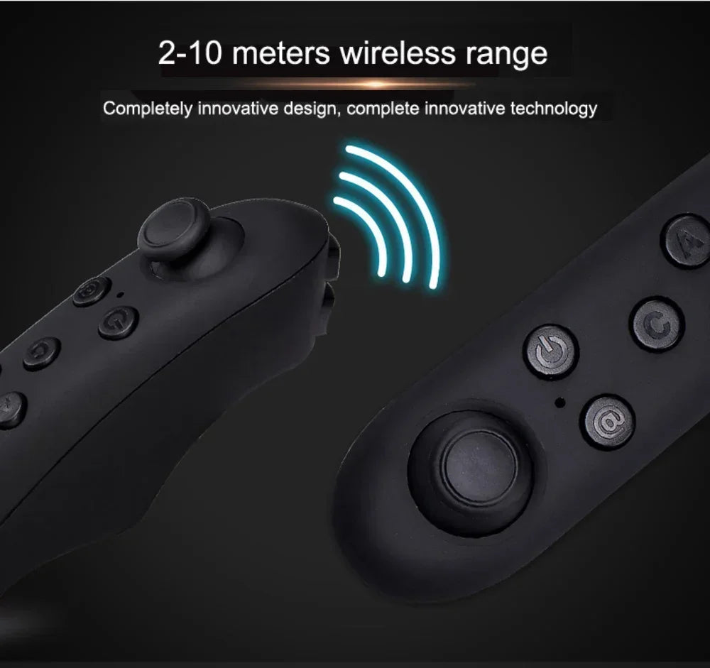 Black ergonomic wireless game controller with joystick and buttons, highlighting 2-10 meter connectivity.