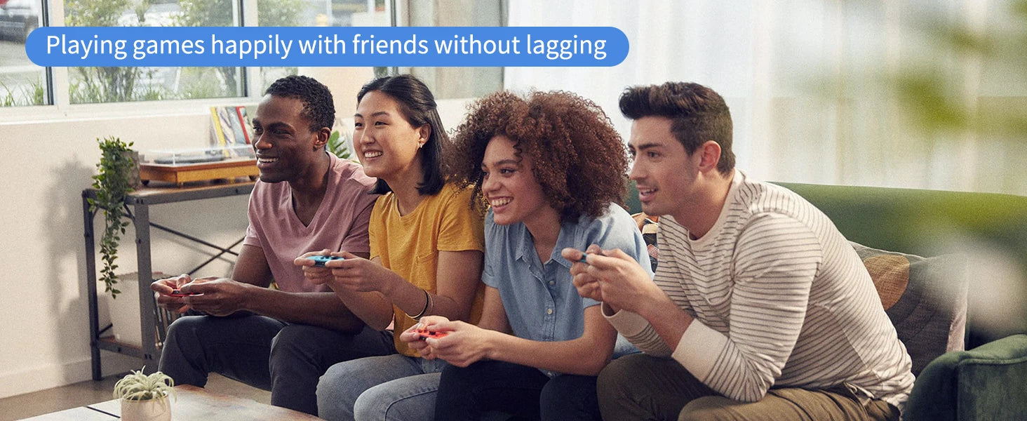 Four diverse friends playing video games together on a sofa, with a blue text overlay about lag-free gaming.
