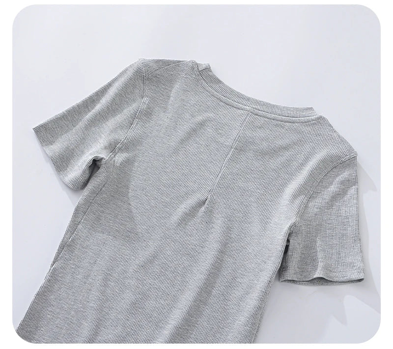 Grey ribbed short-sleeve t-shirt with a small central pleat detail at the back neckline.