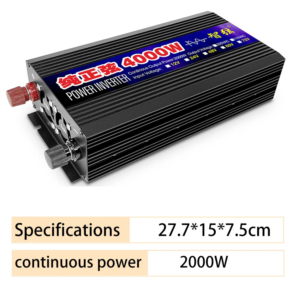 Black 2000W pure sine wave power inverter with cooling fans and red and black terminal connectors.