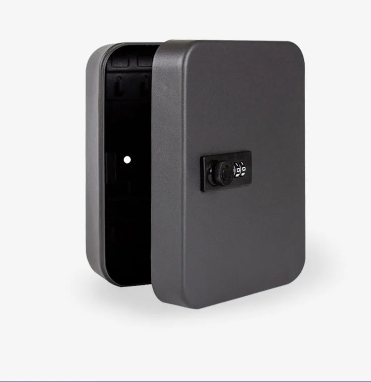 Dark grey metal wall-mounted key safe box with an open door and a three-digit combination lock.